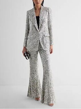 Express Sequin Flared Pants & Blazer Set - Silver